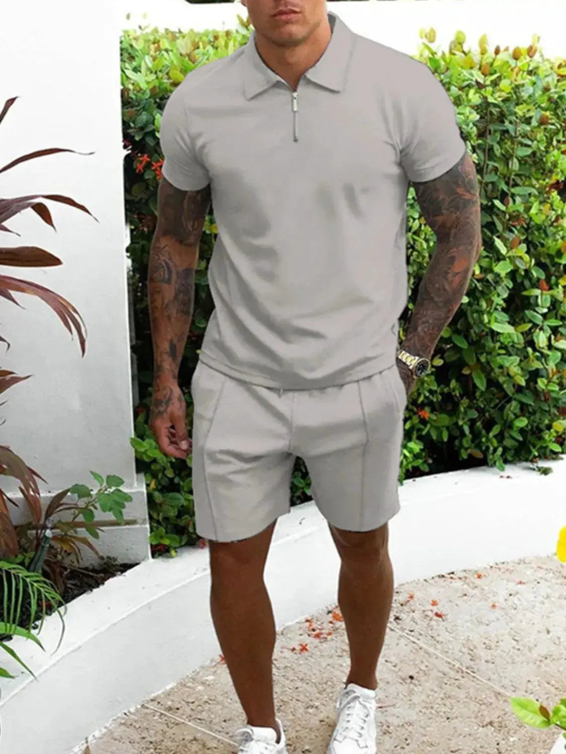 Men's Full Size Collared Neck Short Sleeve Top and Shorts Set Plus Size by Trendsi