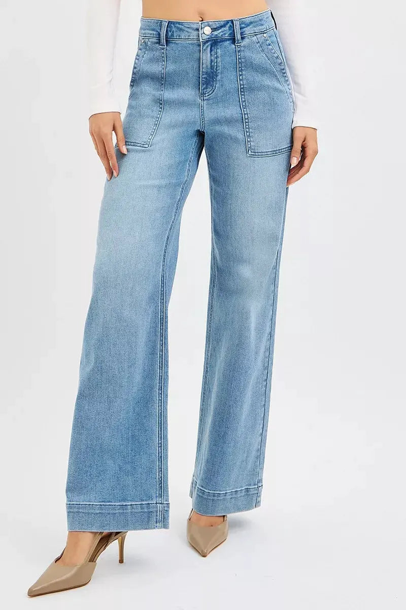 RISEN Full Size High Rise Straight Leg Jeans with Front Pockets Plus Size by RISEN