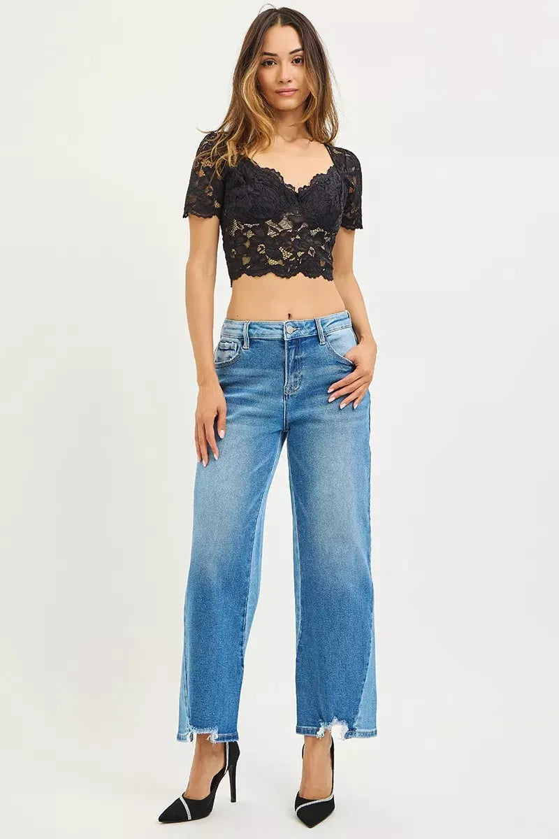 RISEN Full Size Slouchy Cropped Barrel Jeans with Contrast Wash Plus Size by RISEN
