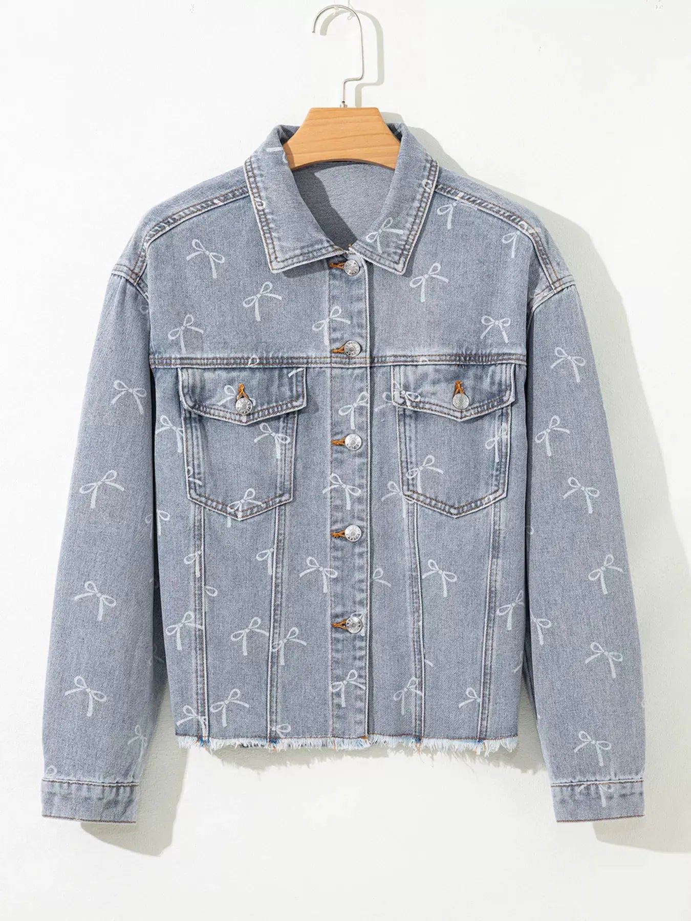 Bow Knot Print Light Wash Raw Hem Denim Jacket by Partner Label