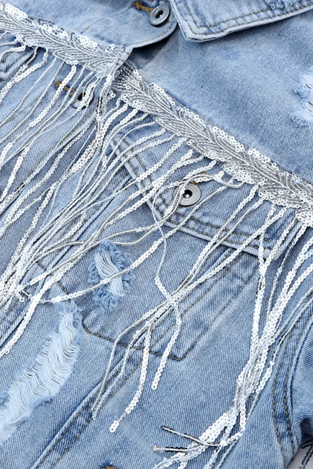 Sequin Fringe Trim Distressed Button Up Denim Jacket by Partner Label