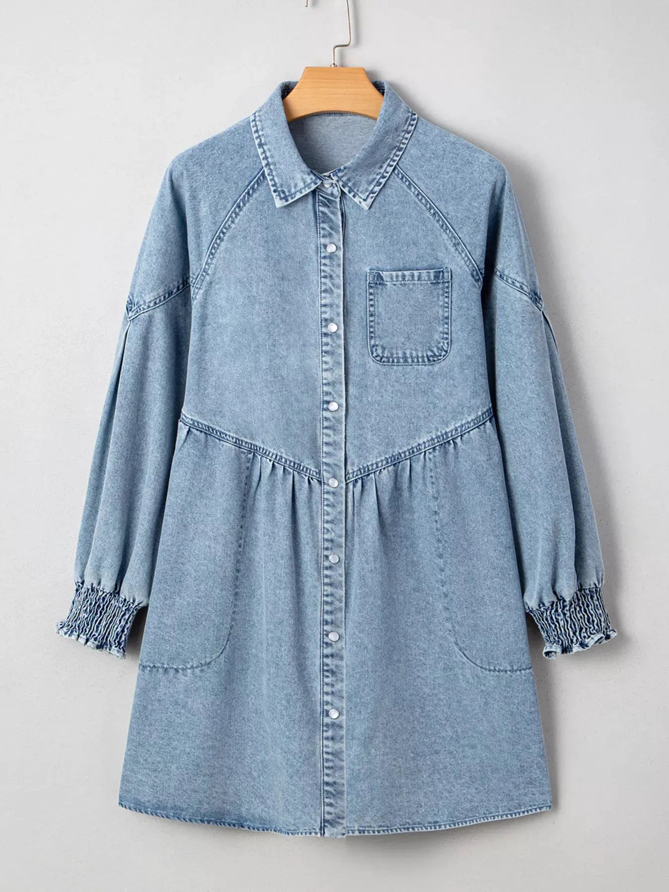 Smocked Cuffs Flared Denim Shirt Mini Dress by Partner Label