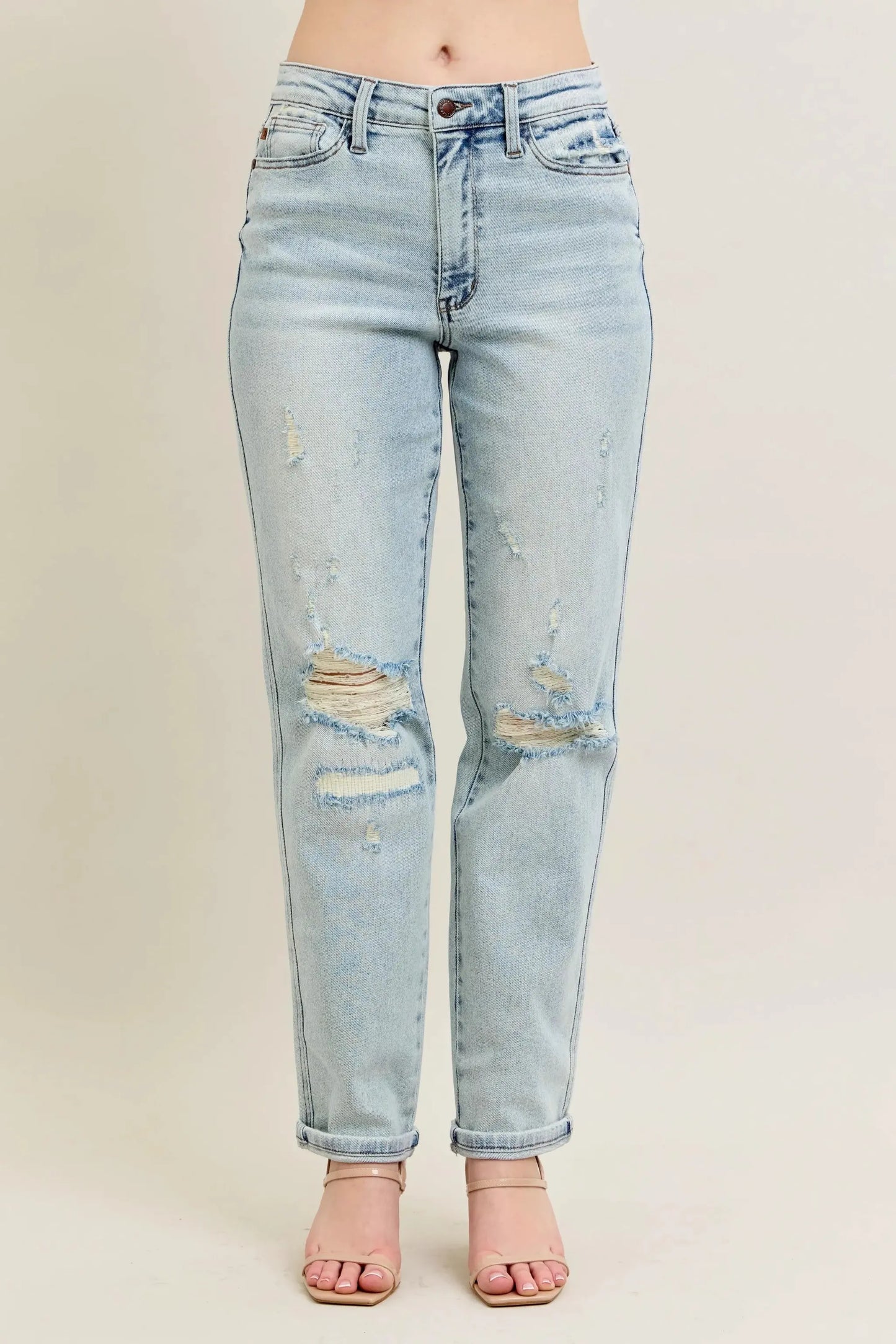 Judy Blue Full Size Mr Repair Stitch Detail Destroy Single Cuff Bf Jeans Plus Size by Judy Blue