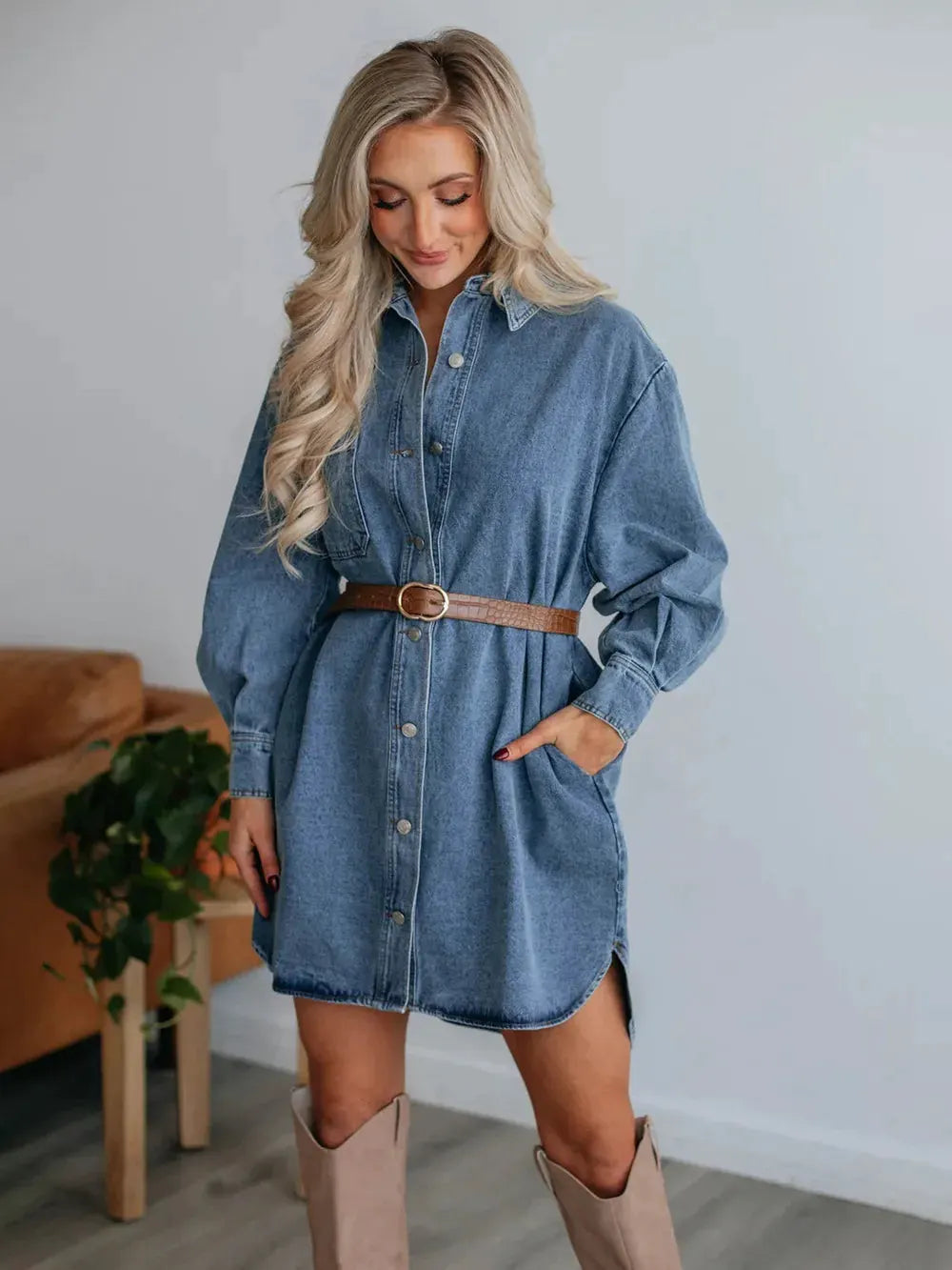 Button Up Collared Neck Long Sleeve Denim Dress by Partner Label