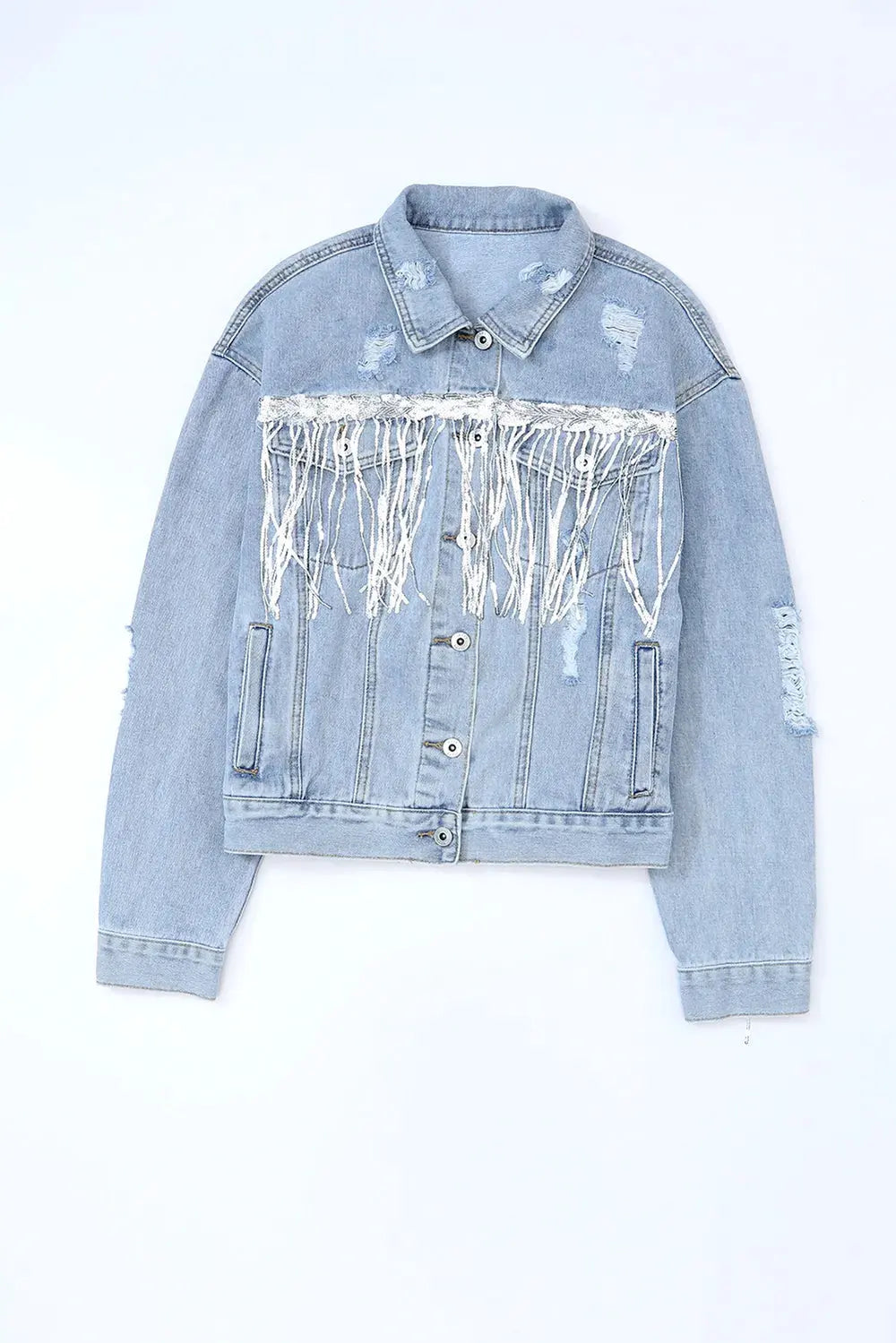 Sequin Fringe Trim Distressed Button Up Denim Jacket by Partner Label