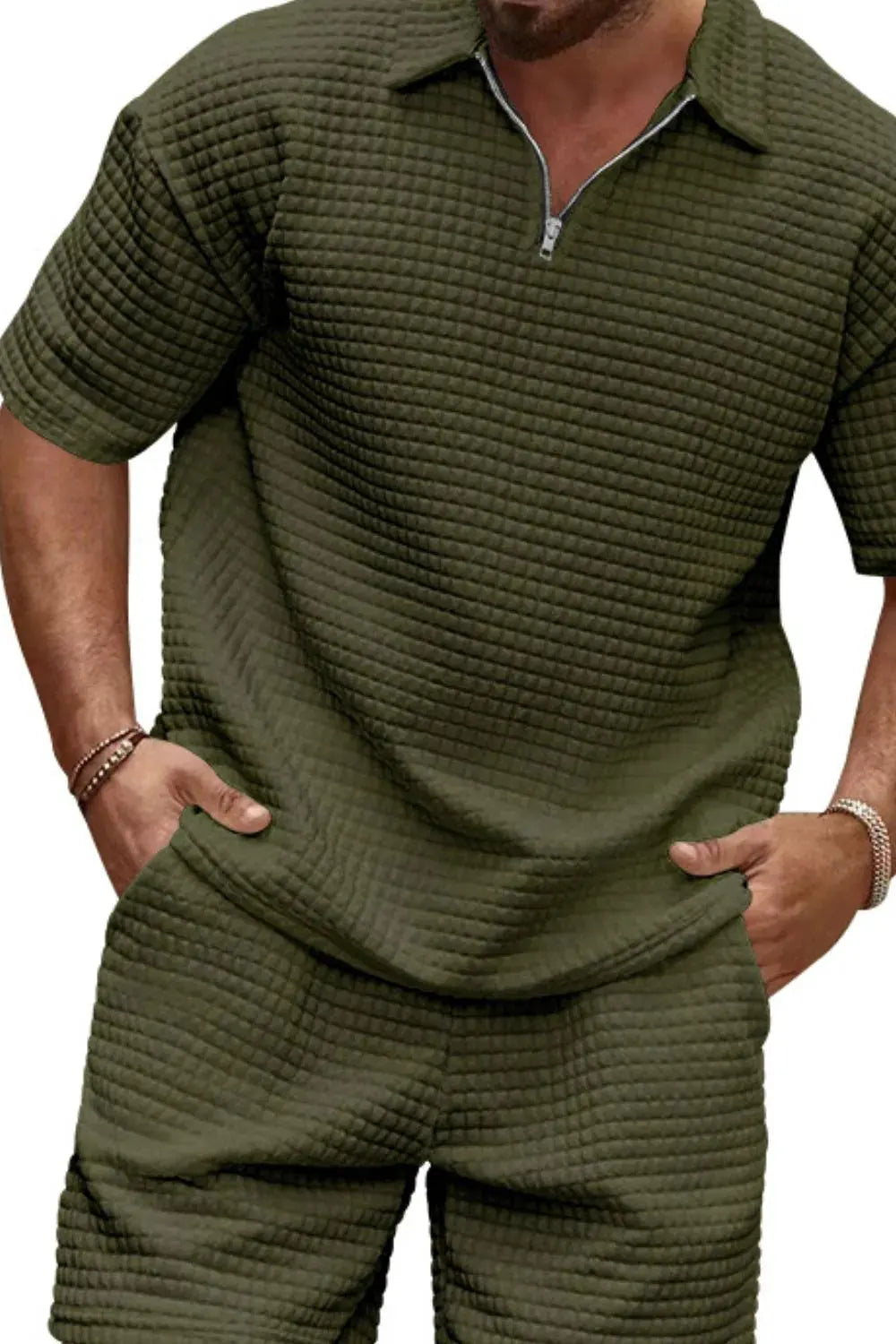 Men's Full Size Zip Collar Short Sleeve Top and Shorts Set Plus Size by Trendsi