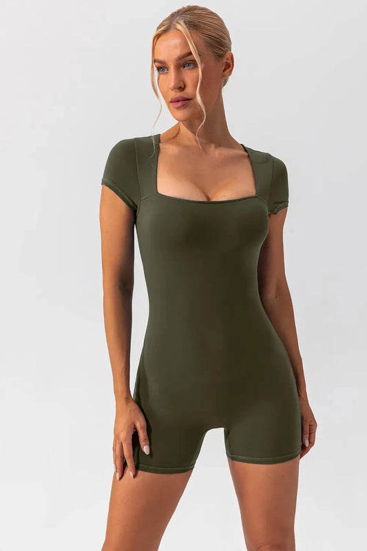Square Neck Cap Sleeve Active Romper by Partner Label