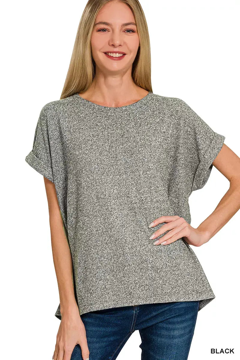 Soft Melange Hacci Short Sleeve Round Neck Top by boutique label Zenana | Partner Labels Selection by Zenana