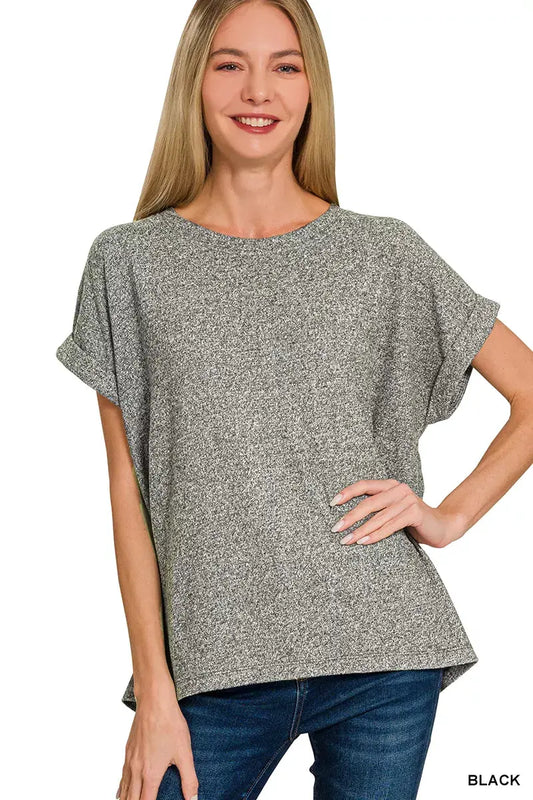 Soft Melange Hacci Short Sleeve Round Neck Top by boutique label Zenana | Partner Labels Selection by Zenana