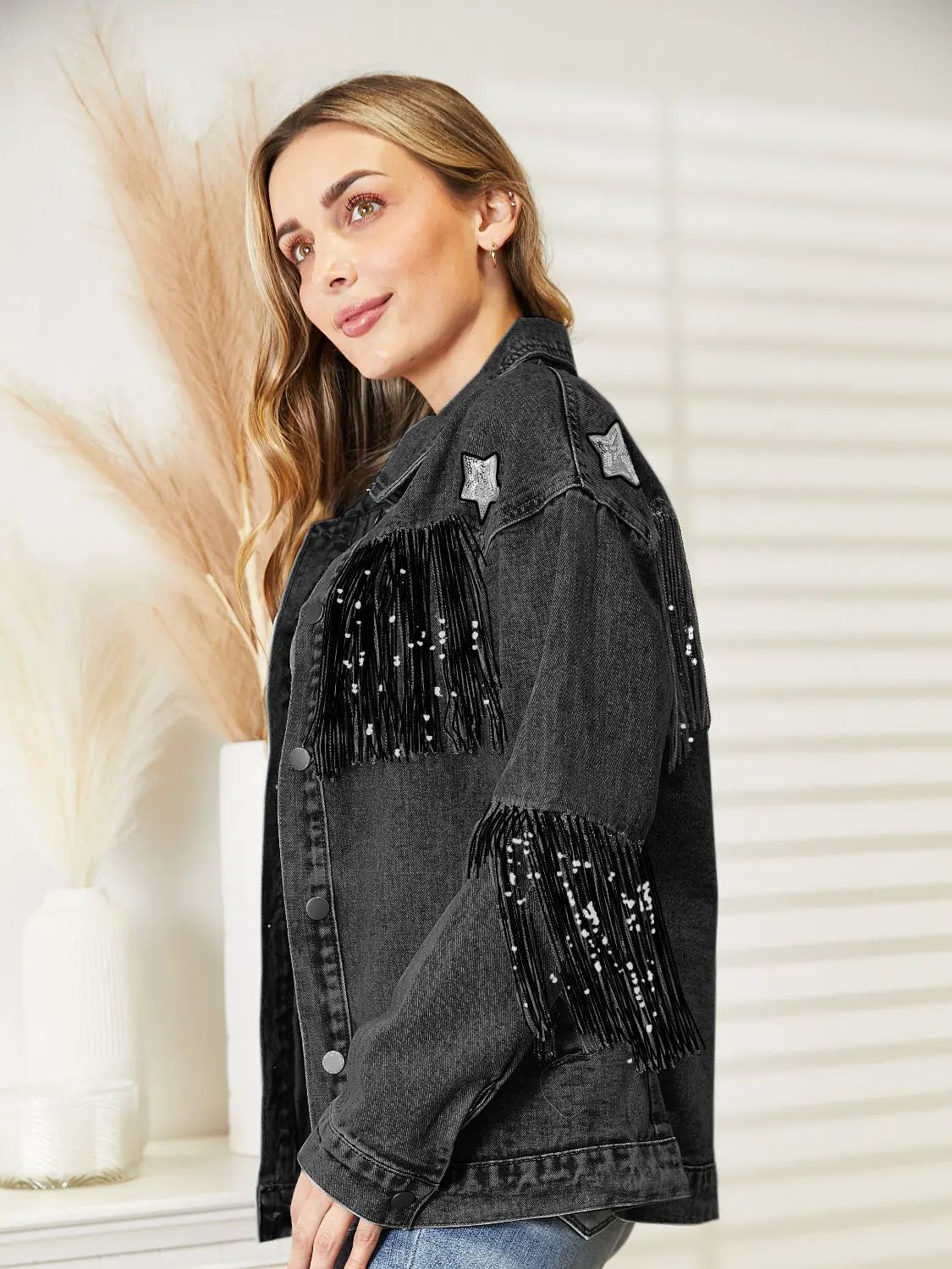 Fringe Detail Long Sleeve Denim Jacket by Partner Label
