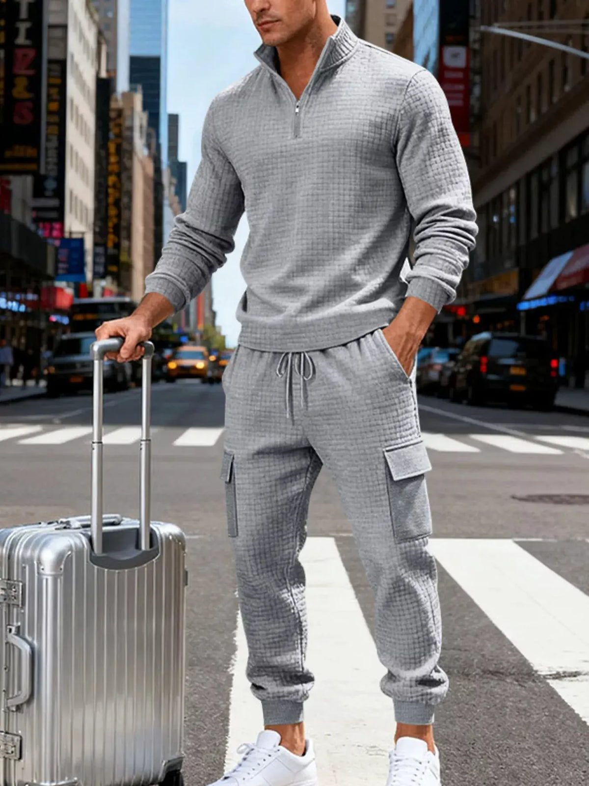 Men's Full Size Quarter-Zip Top and Cargo Joggers Set Plus Size by Trendsi