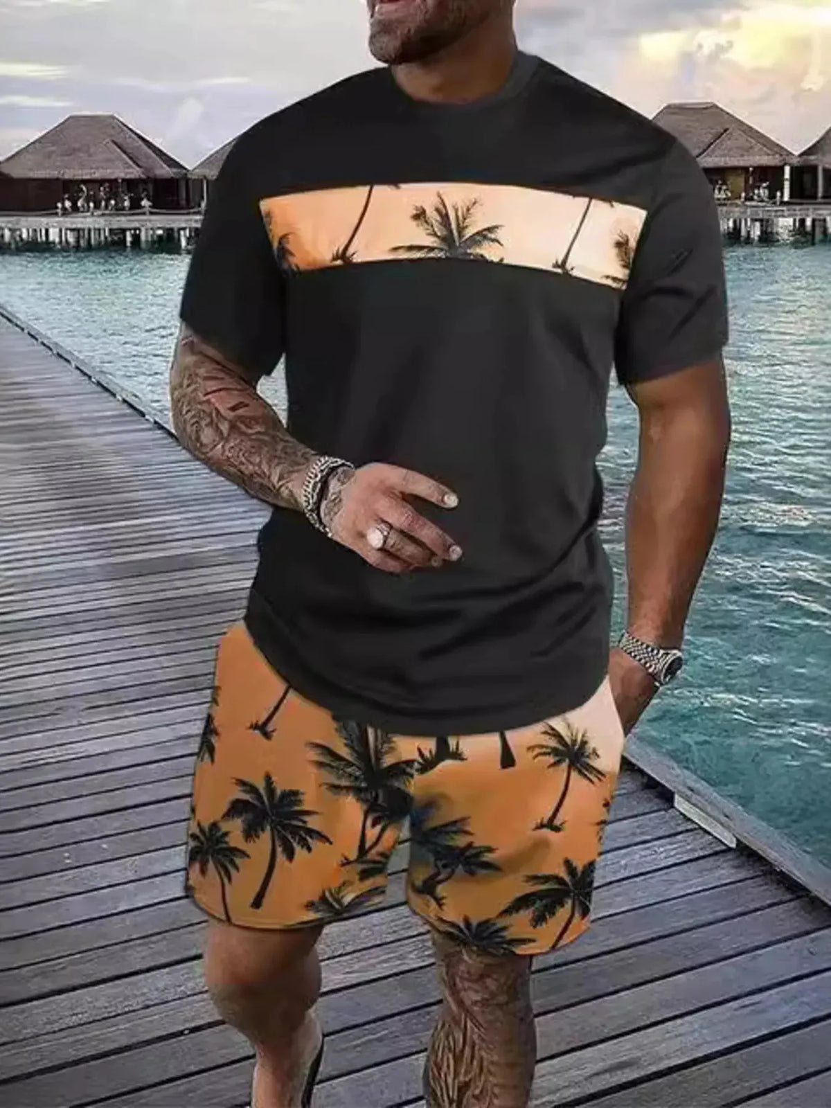 Men's Full Size Tropical Palm Tree Tee and Shorts Set Plus Size by Partner Label