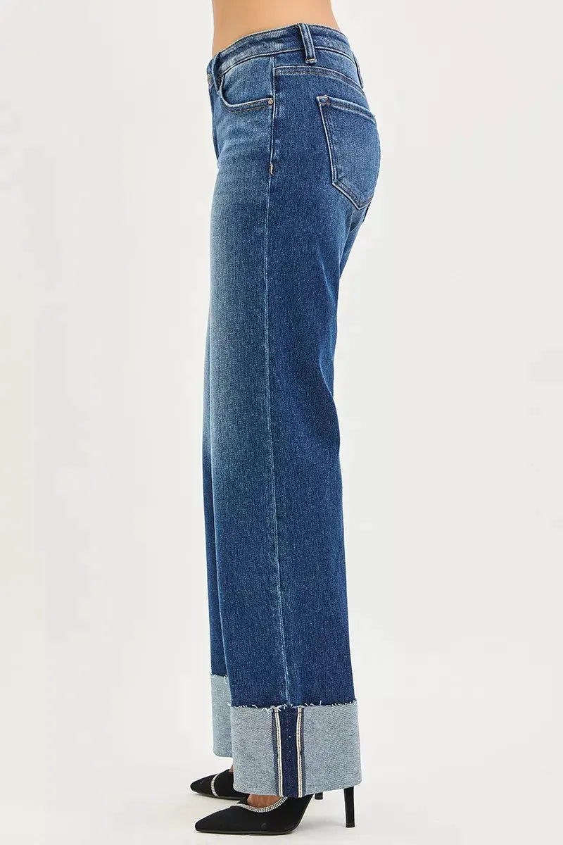 RISEN Mid Rise Wide Straight Jeans With Wide Cuff by RISEN