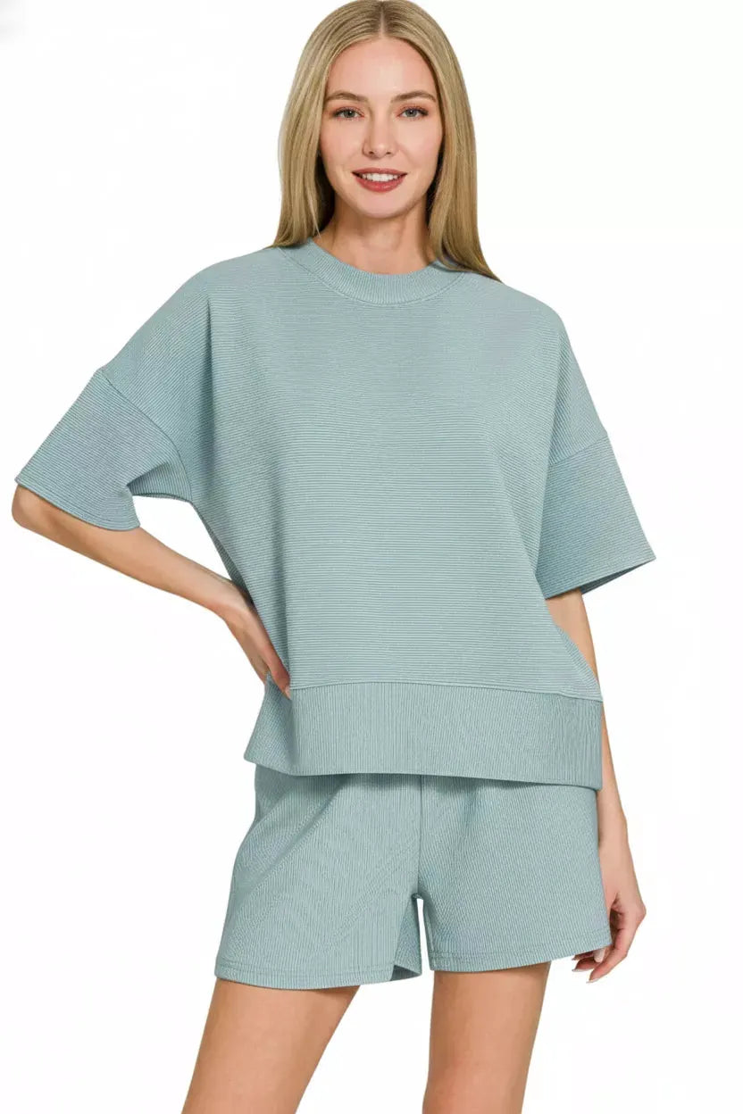 Zenana Ribbed Round Neck Waist Banded Tee & Shorts Set by Zenana