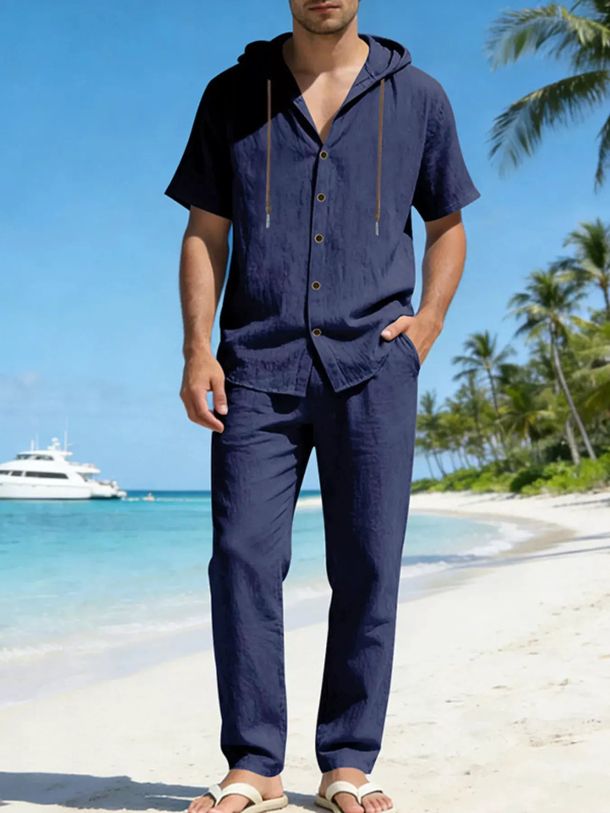 Men's Full Size Button Up Hooded Top and Pants Set Plus Size by Trendsi