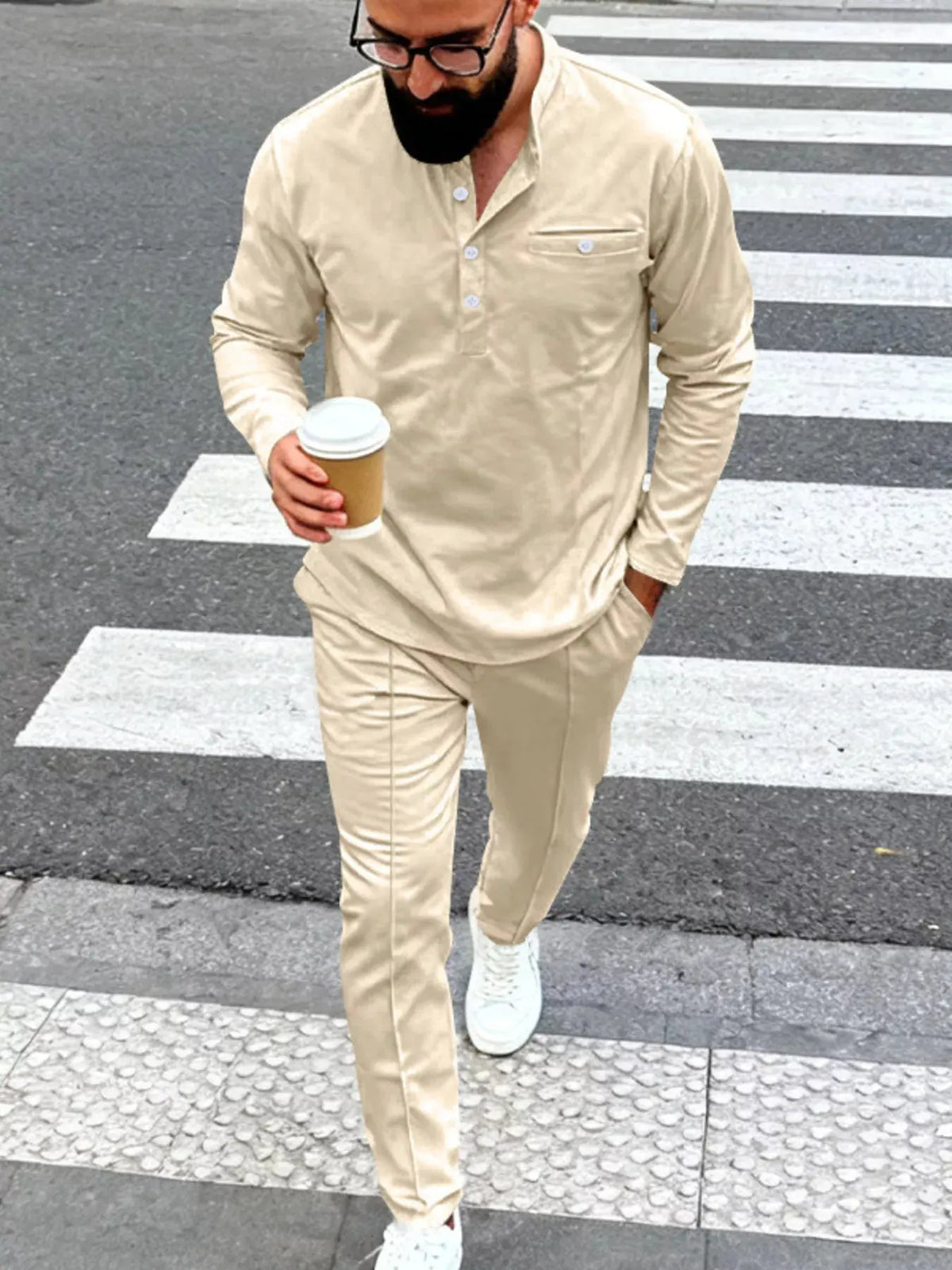 Men's Full Size Casual Long Sleeve Henley Top and Drawstring Joggers Set Plus Size by Trendsi