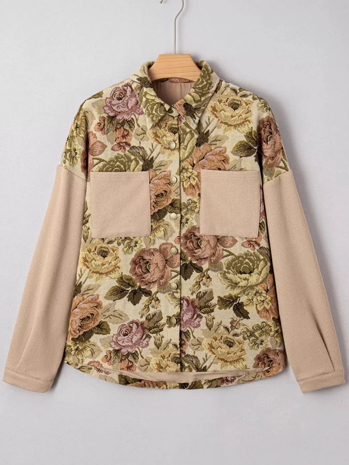 Floral Waffle Knit Patchwork Chest Pockets Buttoned Jacket by Partner Label