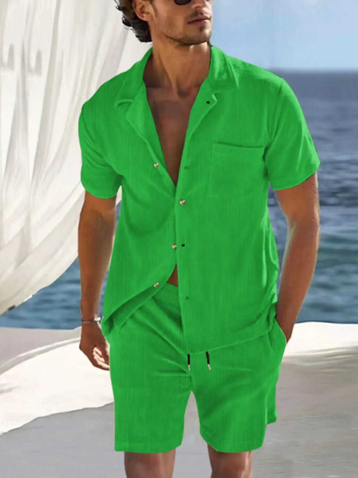 Men's Full Size Button Detail Short Sleeve Top and Shorts Set Plus Size by Trendsi