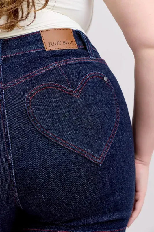 Judy Blue Plus Size HW Heart Shaped Pkts & Red Contrast Thread Denim Shorts by Judy Blue