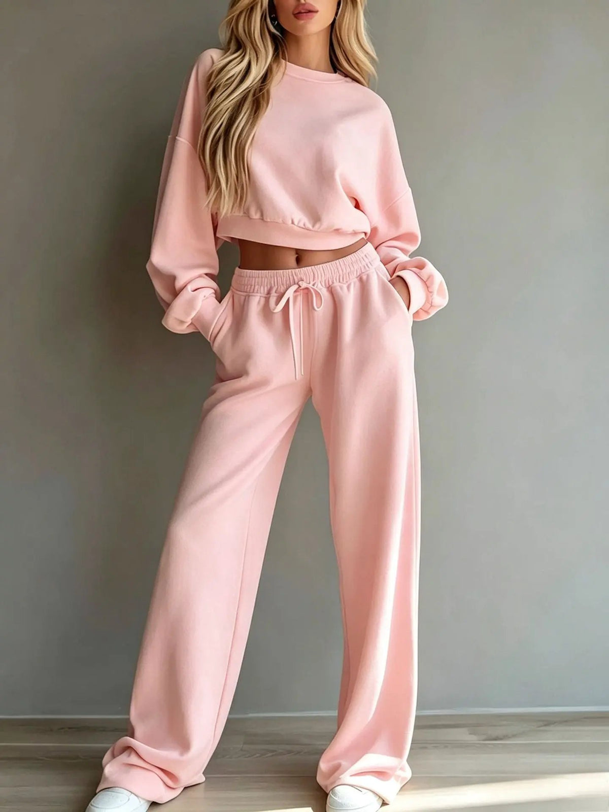 Womens Casual Short Hooded Sweatshirt And Wide-leg Pants Set by Maiden-Art