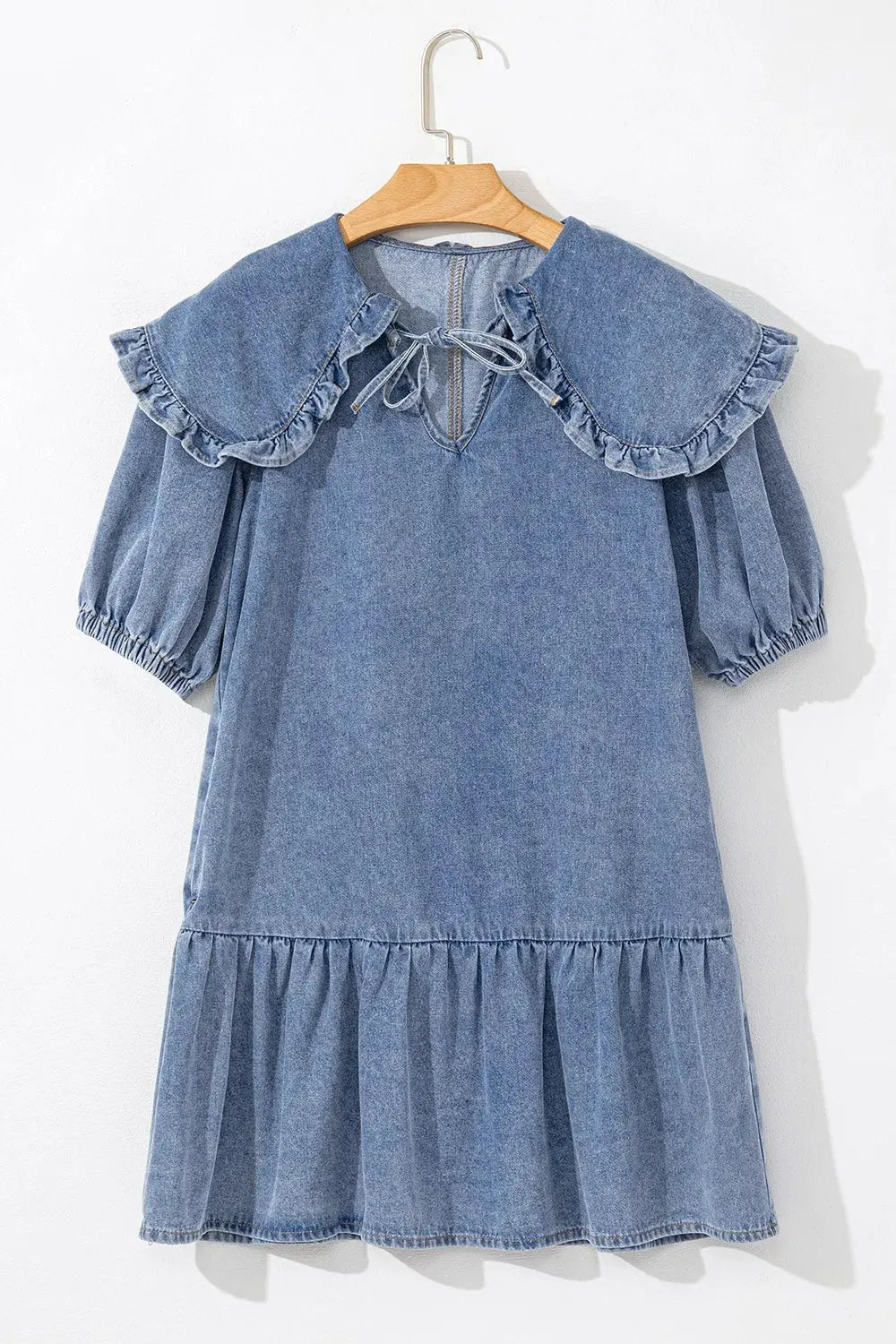 Ruffled Side Pockets Puff Sleeve Denim Mini Dress by Partner Label