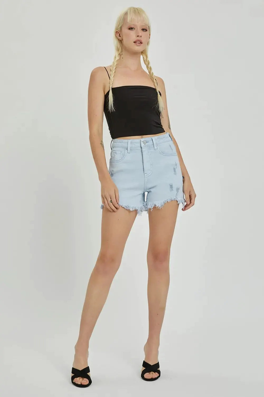 RISEN Full Size High Rise Distressed Detail Denim Shorts by RISEN