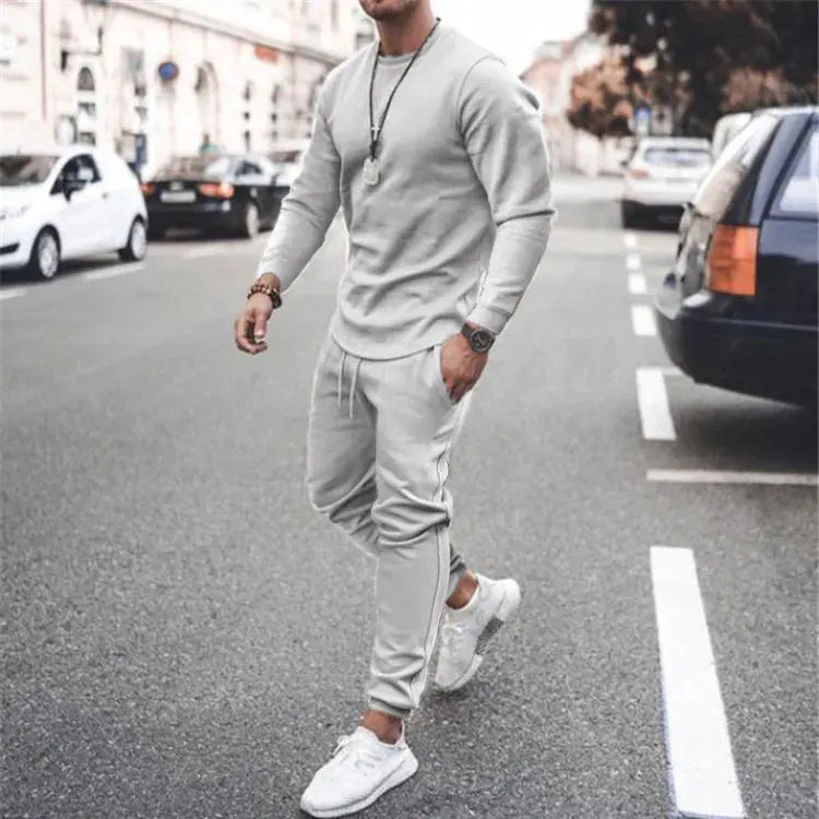Men's Full Size Round Neck Long Sleeve Top and Pants Set Plus Size by Trendsi