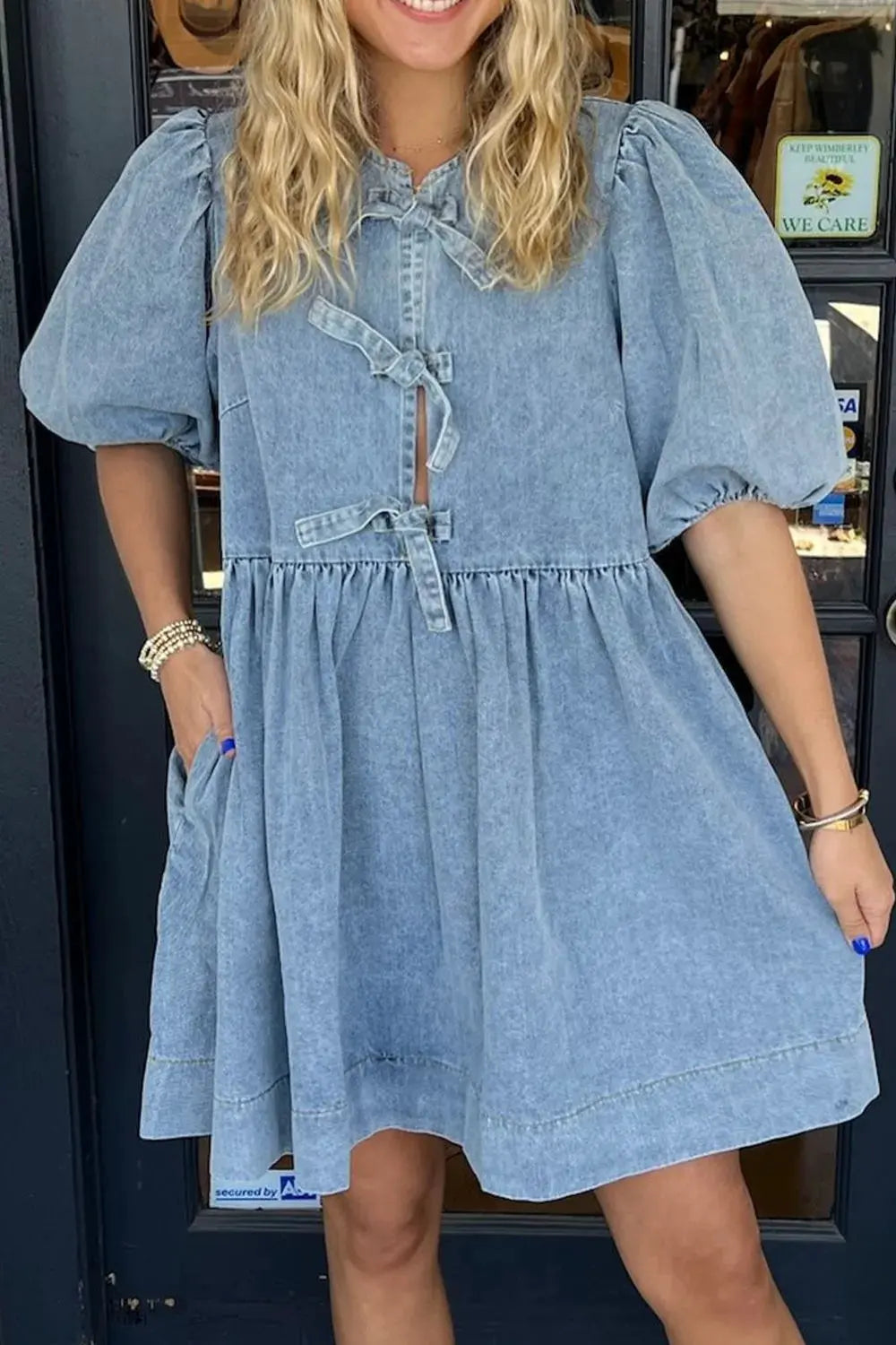 Bowknot Round Neck Half Sleeve Denim Dress by Partner Label