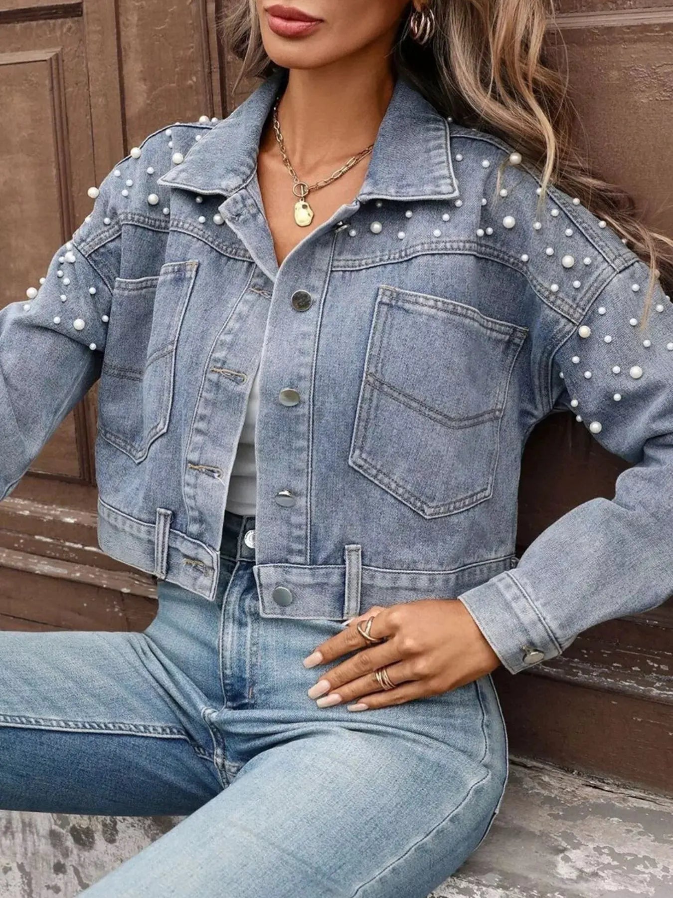 Pearl Embellished Cropped Denim Jacket by Partner Label