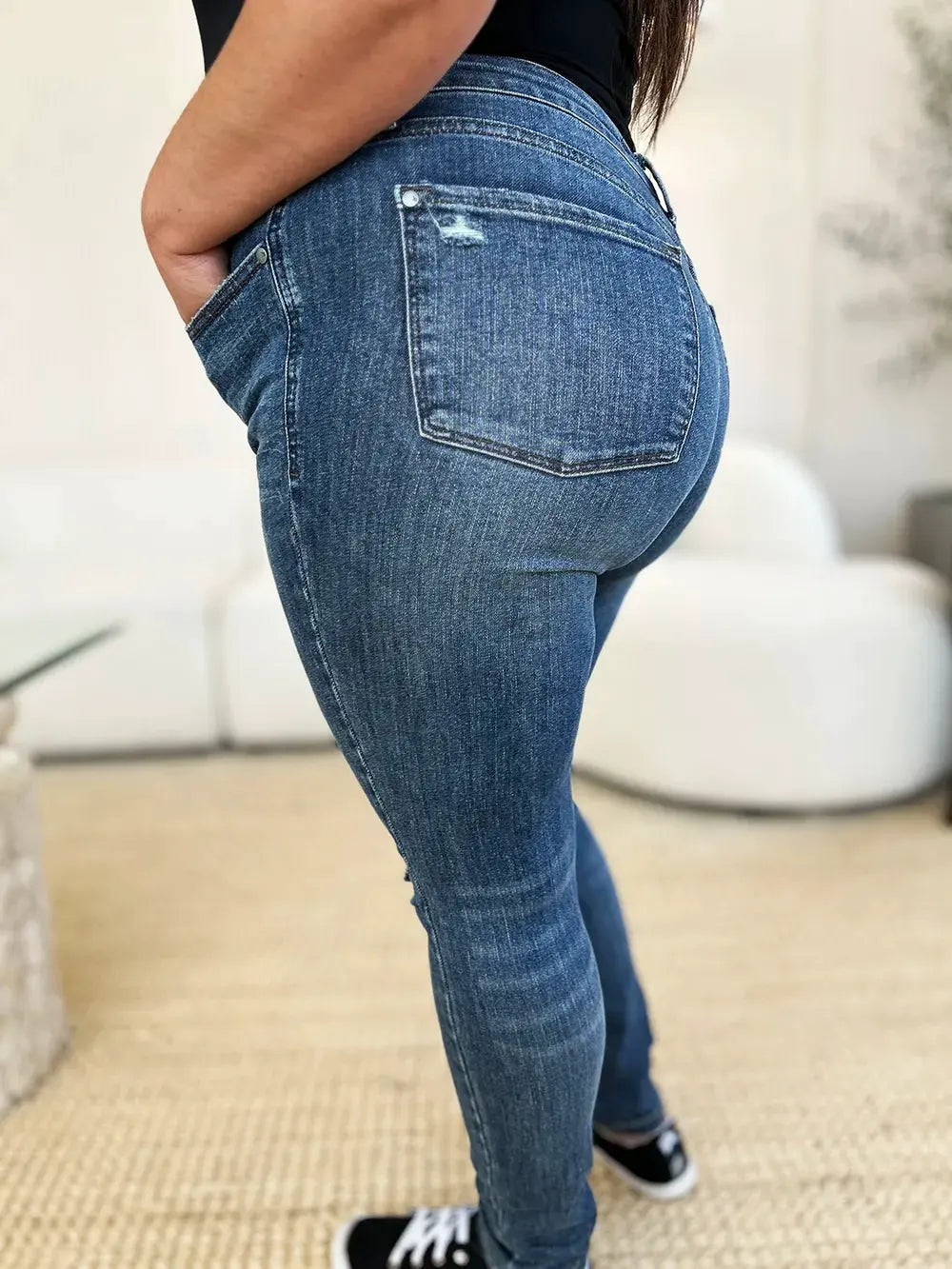 Judy Blue Full Size Mid Waist Distressed Slim Jeans by Judy Blue
