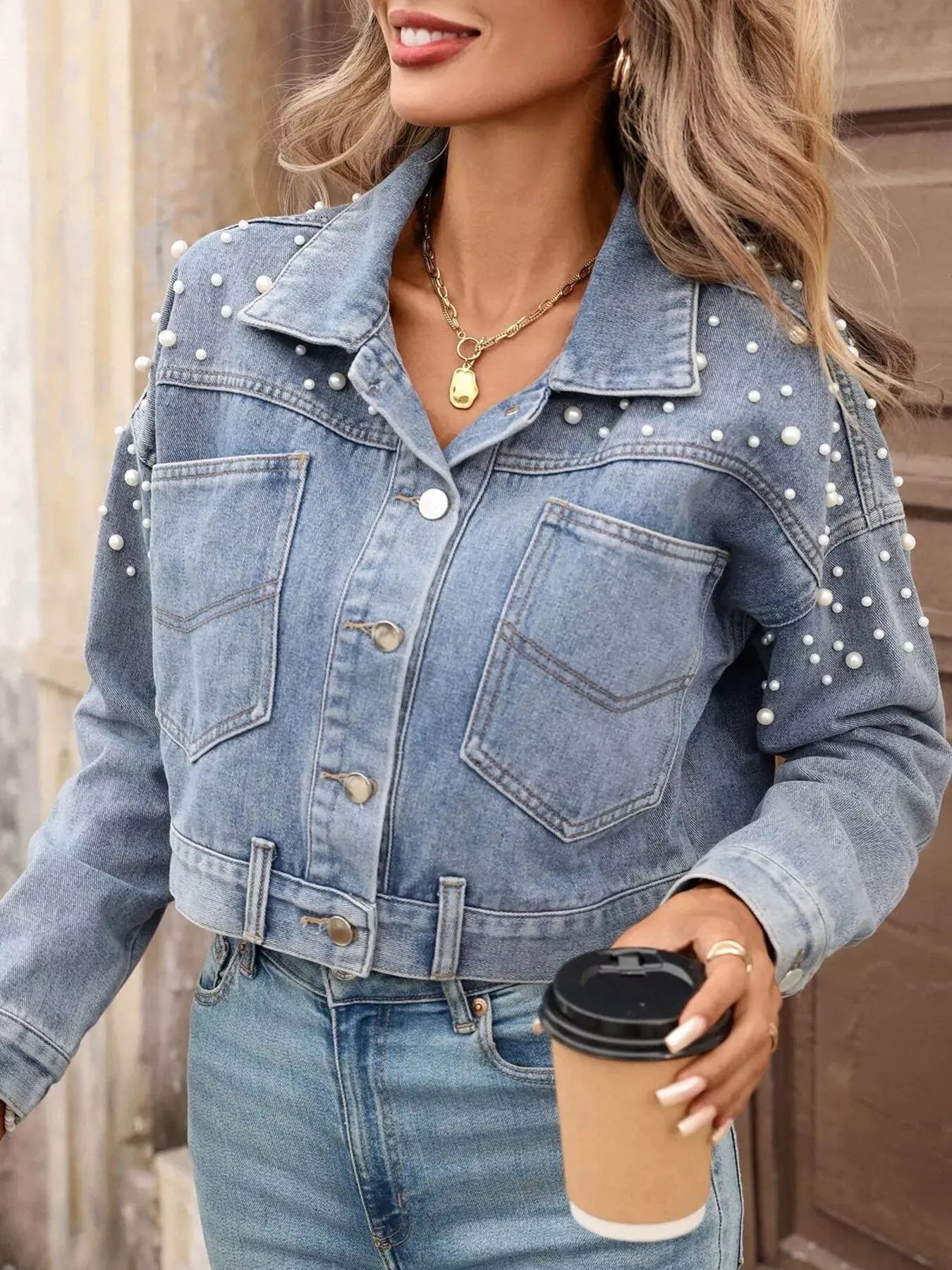 Pearl Embellished Cropped Denim Jacket by Partner Label