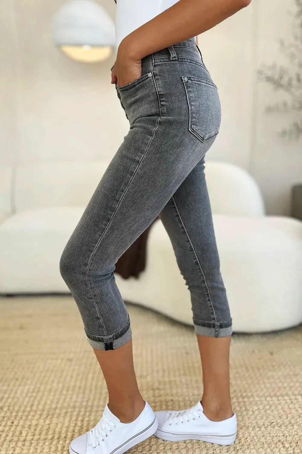 Judy Blue Full Size Button Fly High Waist Cuffed Capris by Judy Blue
