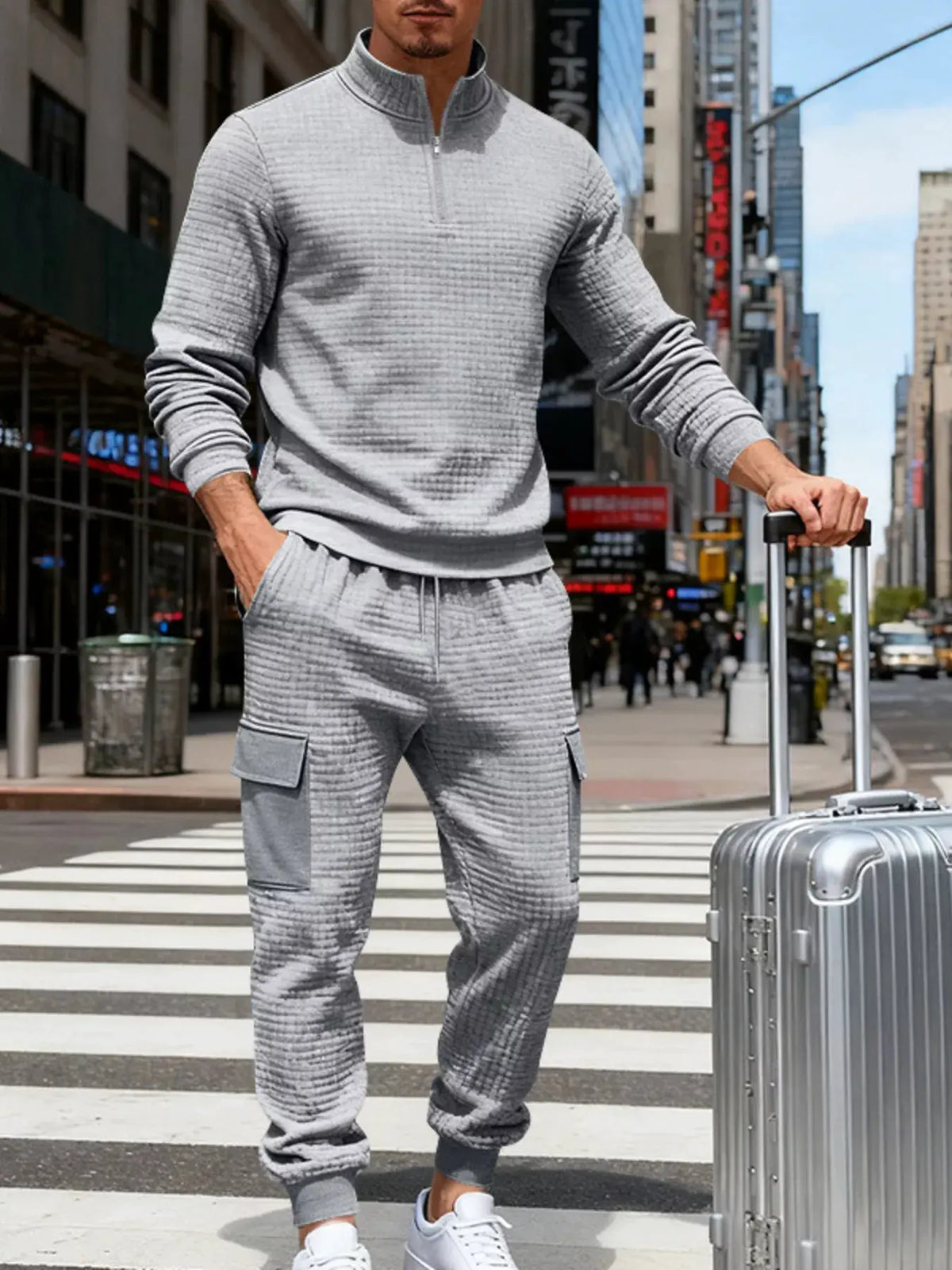 Men's Full Size Quarter-Zip Top and Cargo Joggers Set Plus Size by Trendsi