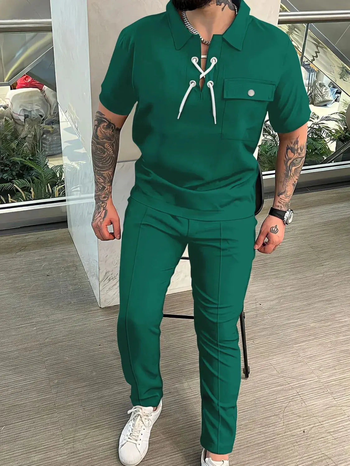 Men's Full Size Lace Up Short Sleeve Top and Pants Plus Size by Trendsi