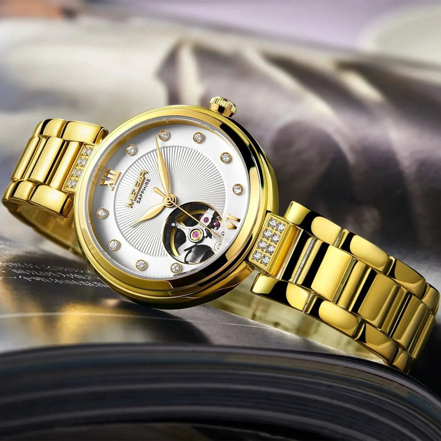 MEGIR Luxury Stainless Steel Gold Women Bracelet Watch Large Dial Automatic Mechanical Wrist Watches Ladies Business Watch Clock 62060 by MEGIR WATCH GROUP