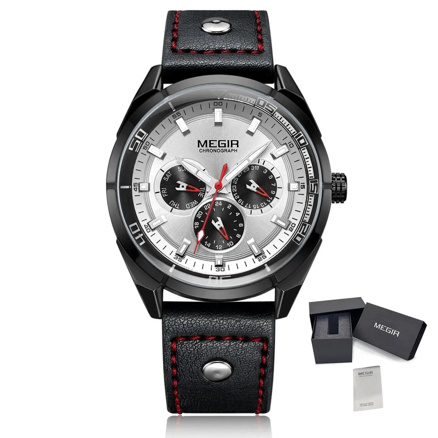 MEGIR Fashion Quartz Chronograph Watch for Men Leather Strap Military Sport Wristwatch Waterproof 24-hour Week Date Clock 2072 by MEGIR WATCH GROUP