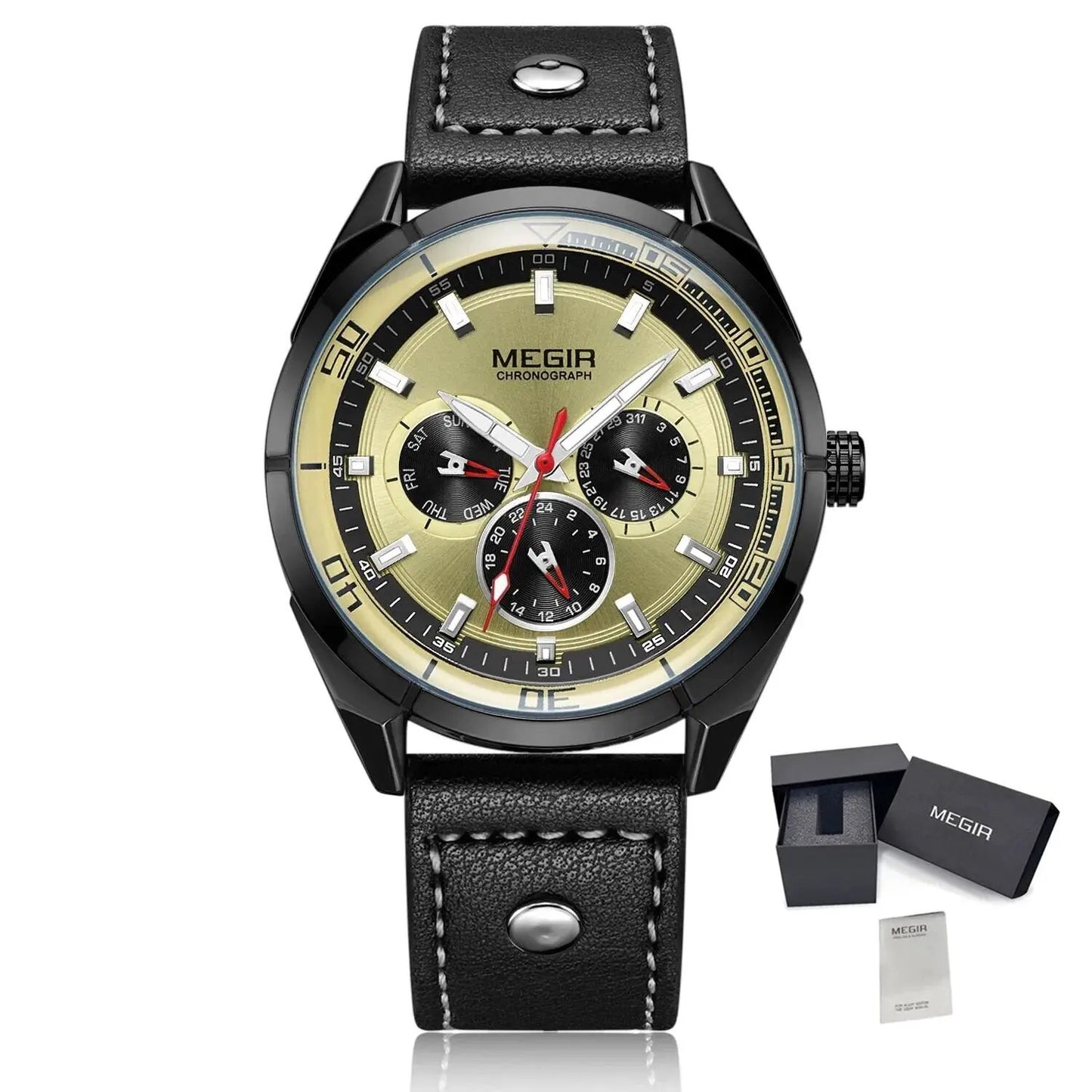 MEGIR Fashion Quartz Chronograph Watch for Men Leather Strap Military Sport Wristwatch Waterproof 24-hour Week Date Clock 2072 by MEGIR WATCH GROUP