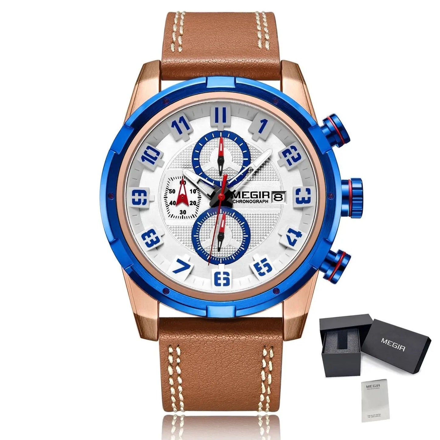 MEGIR Sport Watch for Men Leather Strap Quartz Military Wristwatch with Chronograph Waterproof Calendar Clock Reloj Hombre 2082 by MEGIR WATCH GROUP