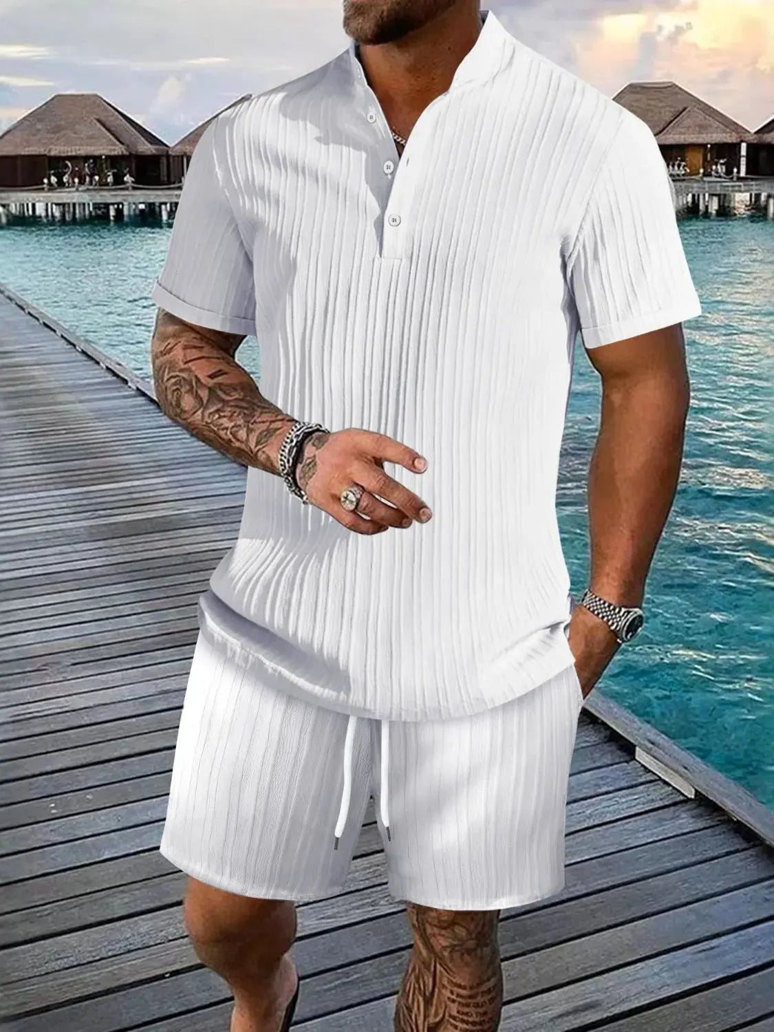 Men's Full Size Button Detail Short Sleeve Top and Shorts Set Plus Size by Trendsi