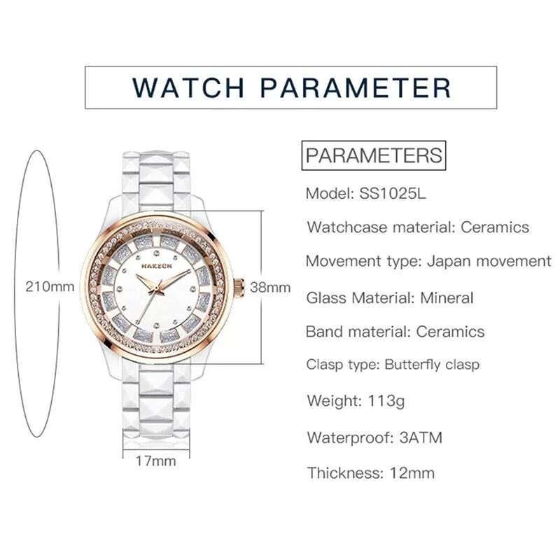 NAKZEN Design Quartz Ladies Watch High Quality Ceramic Bracelet White Watches Luxury Diamond Clock Gifts for Women Relojes De Mu 1025 by MEGIR WATCH GROUP