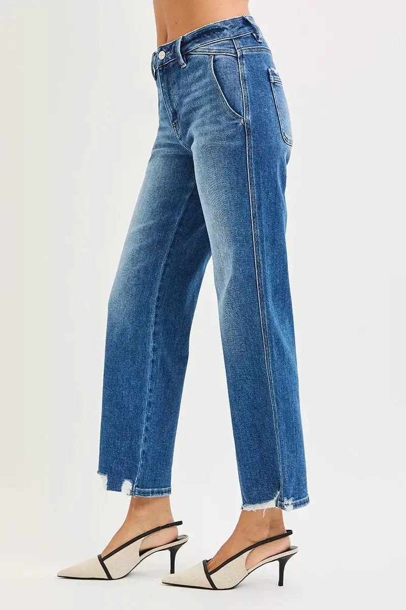 RISEN High Rise Ankle Straight Distressed Hem Detail Jeans by RISEN