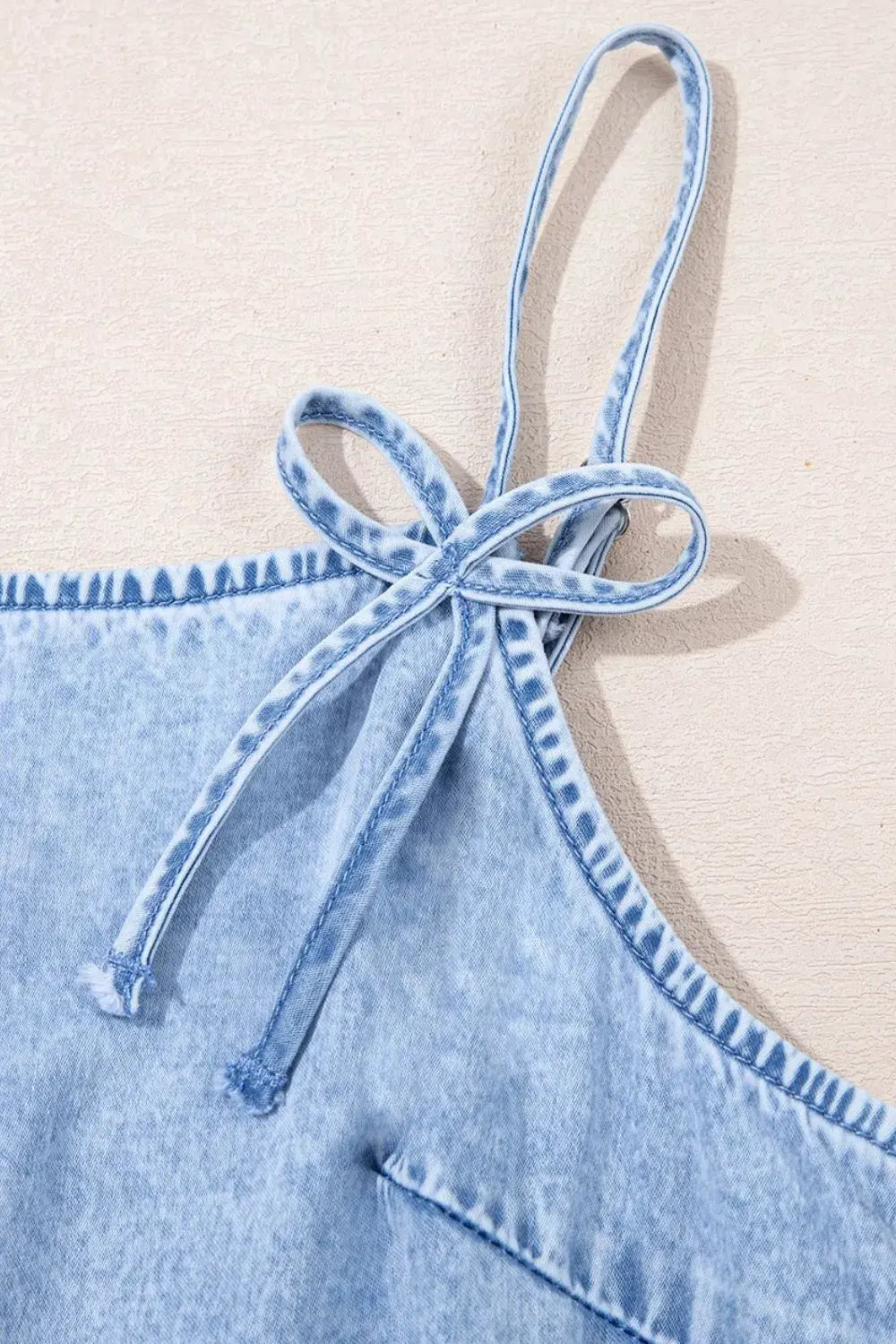 Bow Detail Spaghetti Straps Ruffle Hem Denim Dress by Partner Label