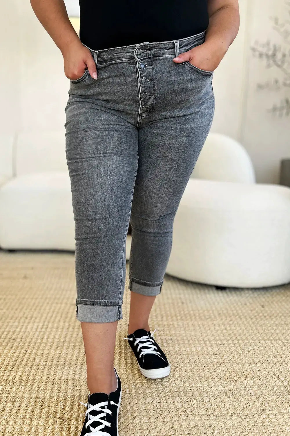 Judy Blue Full Size Button Fly High Waist Cuffed Capris by Judy Blue