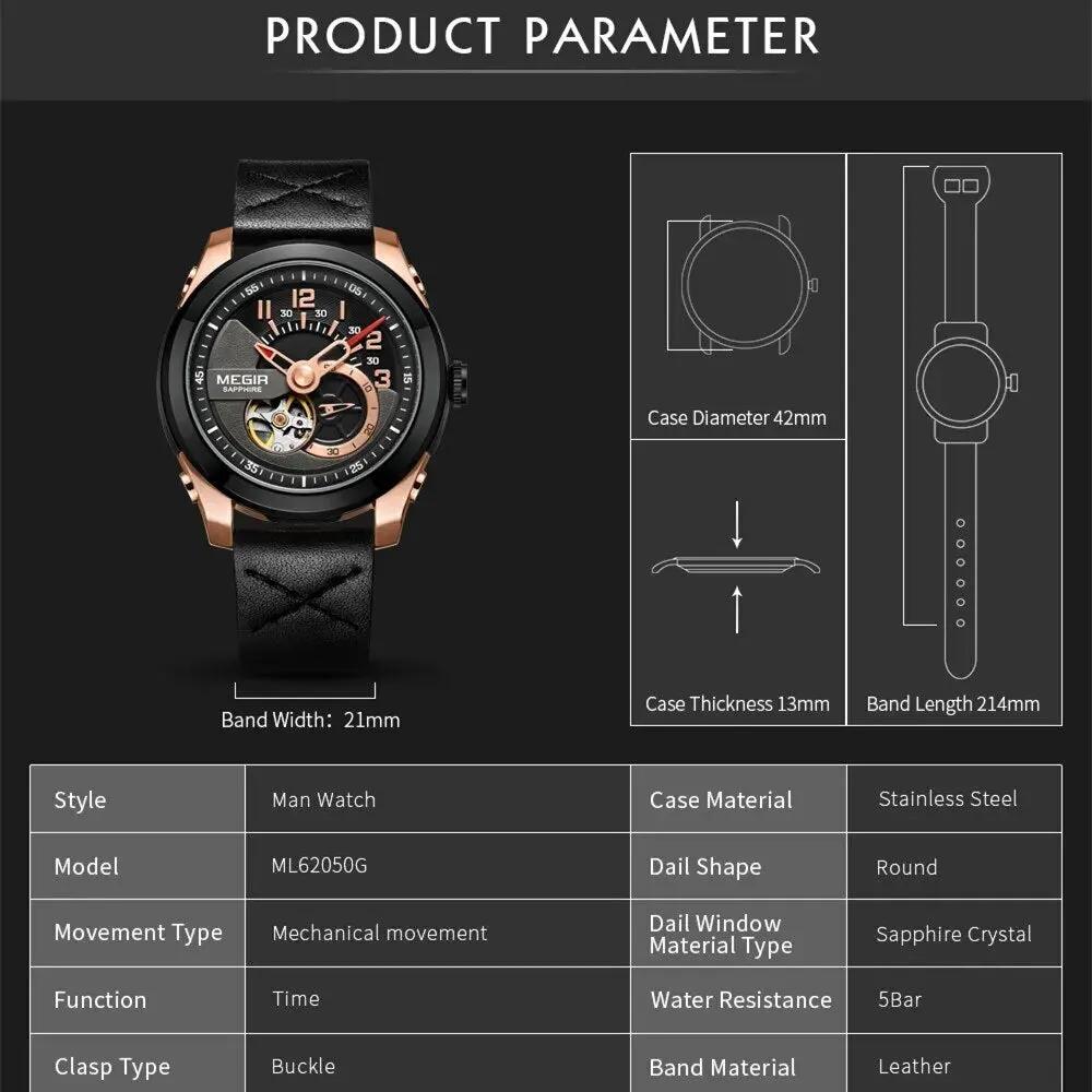 MEGIR Automatic Movement Mechanical Watches Men Luxury Fashion Leather Business Wristwatch Clock Big Dial Male Reloj Hombre 62050 by MEGIR WATCH GROUP