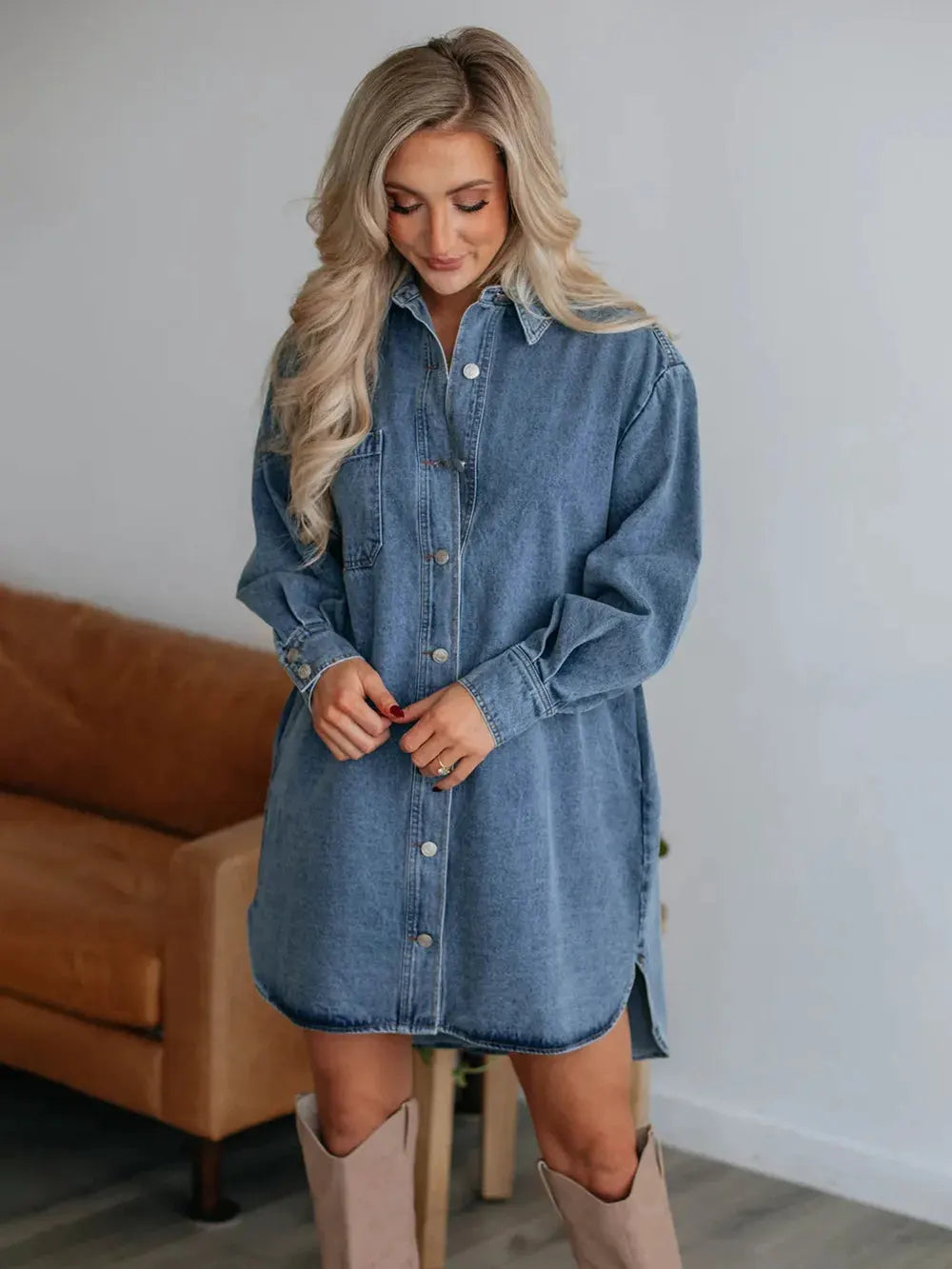 Button Up Collared Neck Long Sleeve Denim Dress by Partner Label