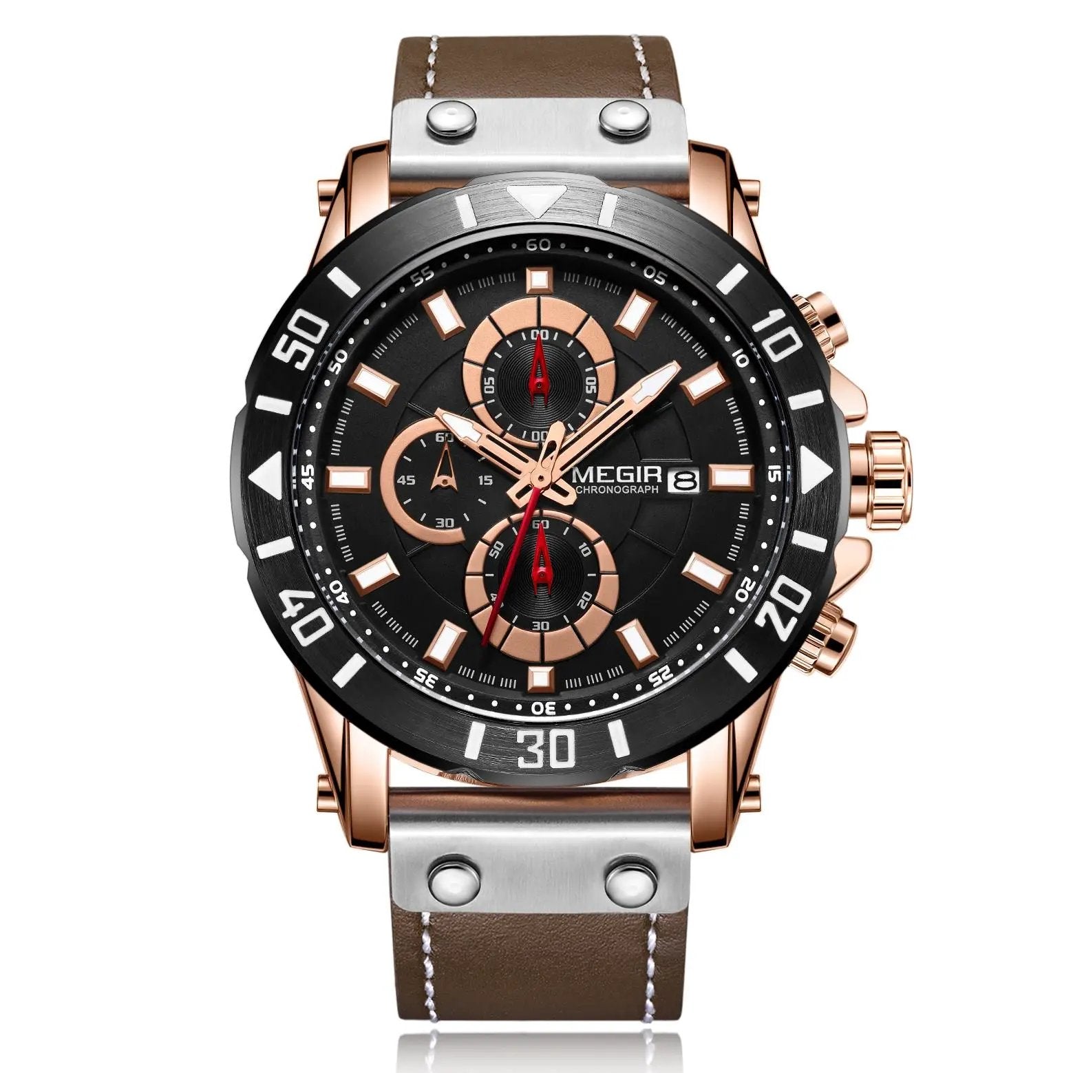 MEGIR Watch Men's Military Sport Wrist Watches Waterproof Leather Quartz Chronograph Calendar Luminous Clock Watch for Man 2081 by MEGIR WATCH GROUP