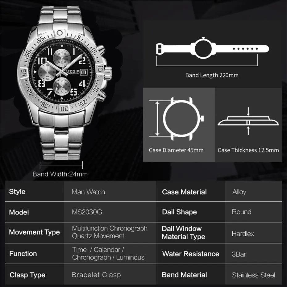 MEGIR Men's Business Quartz Watches Top Luxury Brand Casual Wristwatch Waterproof Date Clock Stainless Steel Man Chronograph 2030 by MEGIR WATCH GROUP