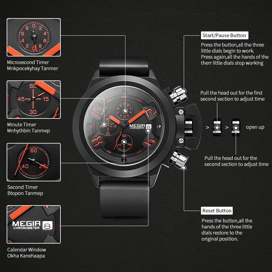 MEGIR Men Watches Luxury Fashion Sport Military Chronograph Luminous Date Quartz Wristwatch Clock Big Dial Relogio Masculino 2002 by MEGIR WATCH GROUP