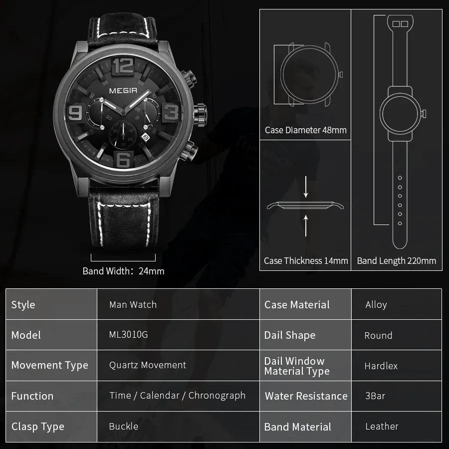 MEGIR Luxury Watches for Men Quartz Chronograph Waterproof Calendar Luminous Sport Military Wristwatch Clock Reloj Hombre 3010 by MEGIR WATCH GROUP