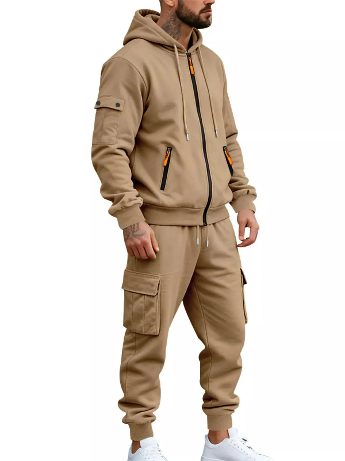 Men's Plus Size Casual Zip-Up Hoodie and Cargo Pants Set by Partner Label